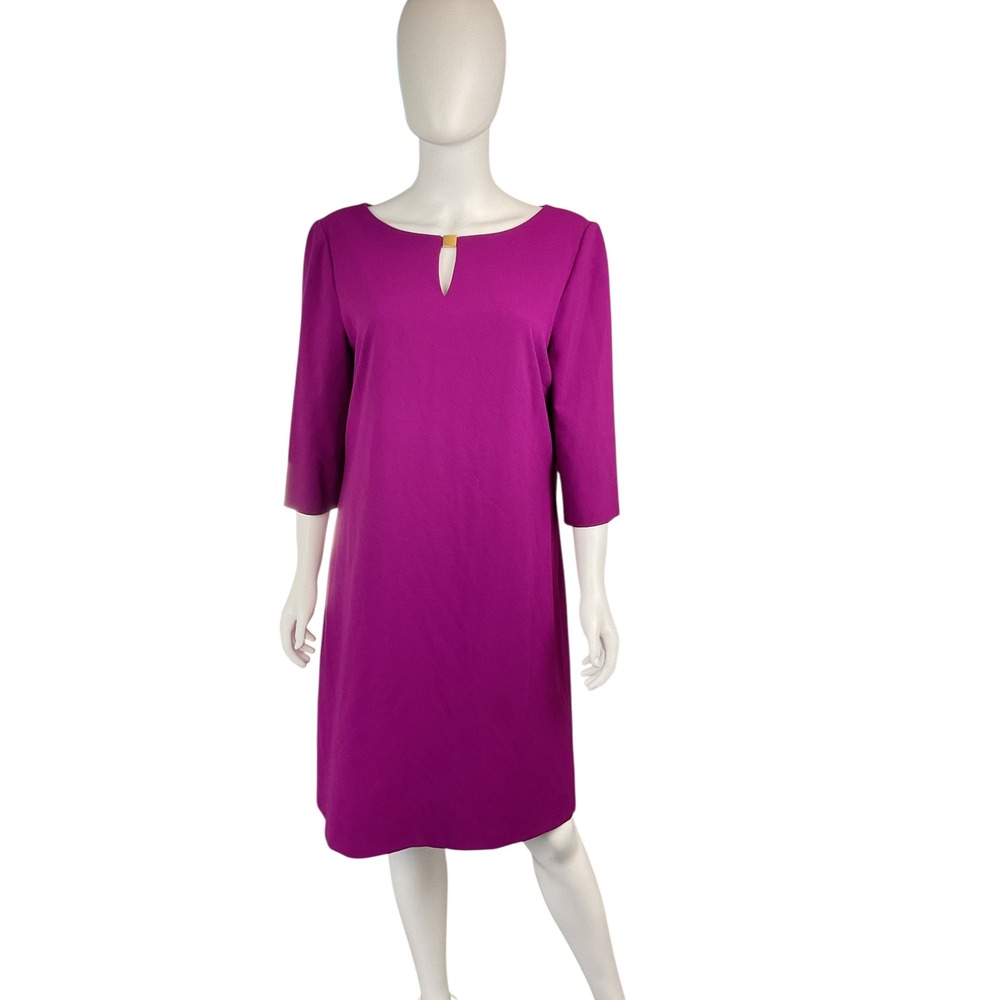 Tahari Arthur S Levine Purple Dress 3/4 Sleeve Sheath Gold Accent Career size 12